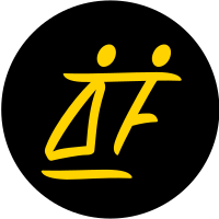 Logo Ein goldenes TF als Tanzpaar auf schwarzem Hintergrund.